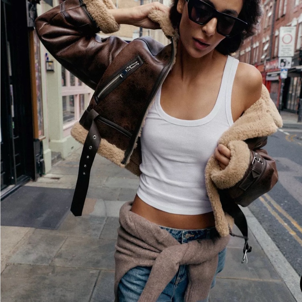 Zara Brown Leather Jacket with Shearling Lining